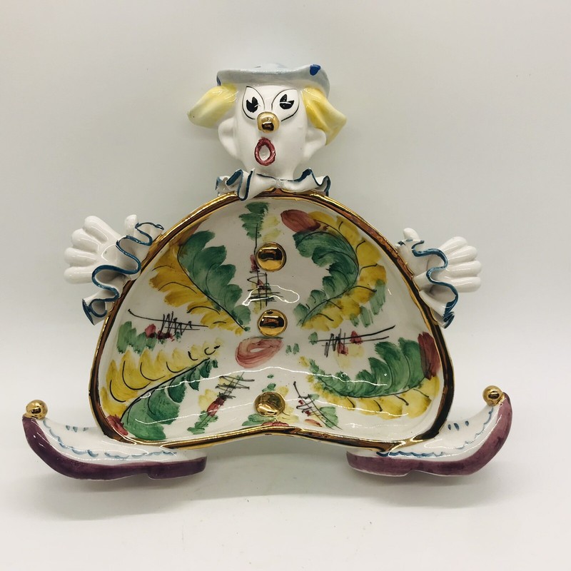 RARE Vintage Standing Clown Candy Dish with Gold Buttons Porcelain Hand Painted