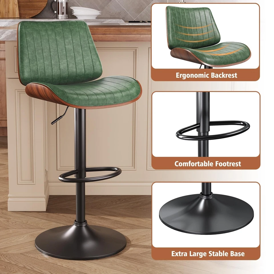1pc Bar Stool Swivel Adjustable with PU Leather Back for Kitchen Dining Green - Image 4 of 4