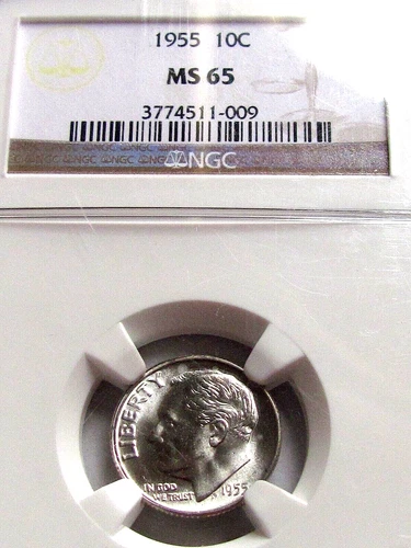 1955 P  ROSEVELT DIME, NGC MS65
