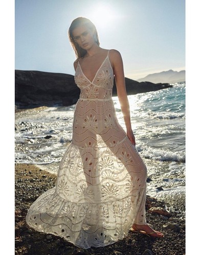 Karen Millen Viscose Georgette Cutwork Beach Strappy Maxi Dress – Ivory – Size L - Afbeelding 1 van 13