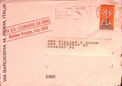 SS Leonardo Da Vinci Maiden Voyage Cover 1960 Rome Olympics Stamp Italy