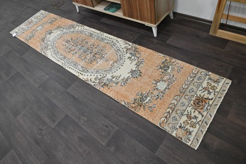 Vintage Turkish Runner Rug 2x10ft ORANGE Handmade Anatolian Oushak Hallway Wool