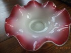 120-year-old Red fade to white ruffled or wavy edge ceramic fruit bowl — photo 1