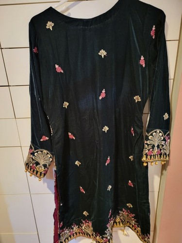 Pakistani / Indian Women's Green and Pink Velvet Suit w/ Large Banarasi Dupatta - Picture 12 of 12