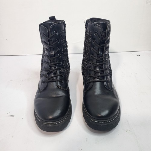 H&K Black Tweed Combat Boots Womens Size 9 Faux Leather Lace Up Side Zip Lug Sol - Picture 5 of 8
