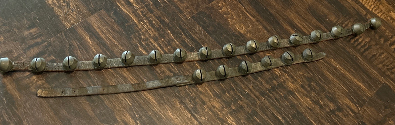 67” ANTIQUE BRASS SLEIGH BELLS ON LEATHER STRAP heavy 