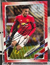 Topps Chrome UCL Mason Greenwood Red Wave Refractor Rookie /5 on card auto. rookie card picture