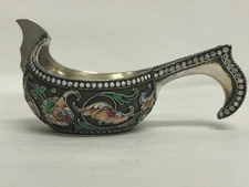 Antique Russian silver 84 cloisonne shaded enamel kovsh by Vasili Agafanov