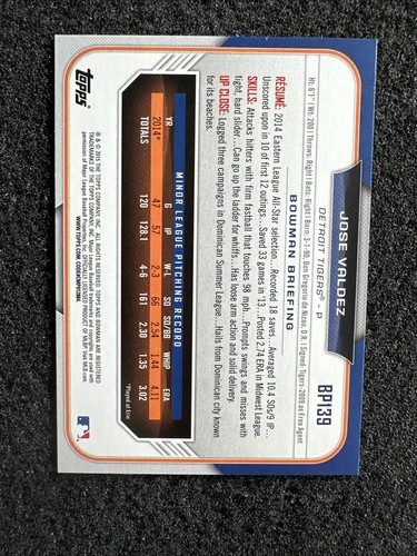 JOSE VALDEZ #BP139 2015 Bowman Baseball QTY Detroit Tigers - Picture 2 of 3