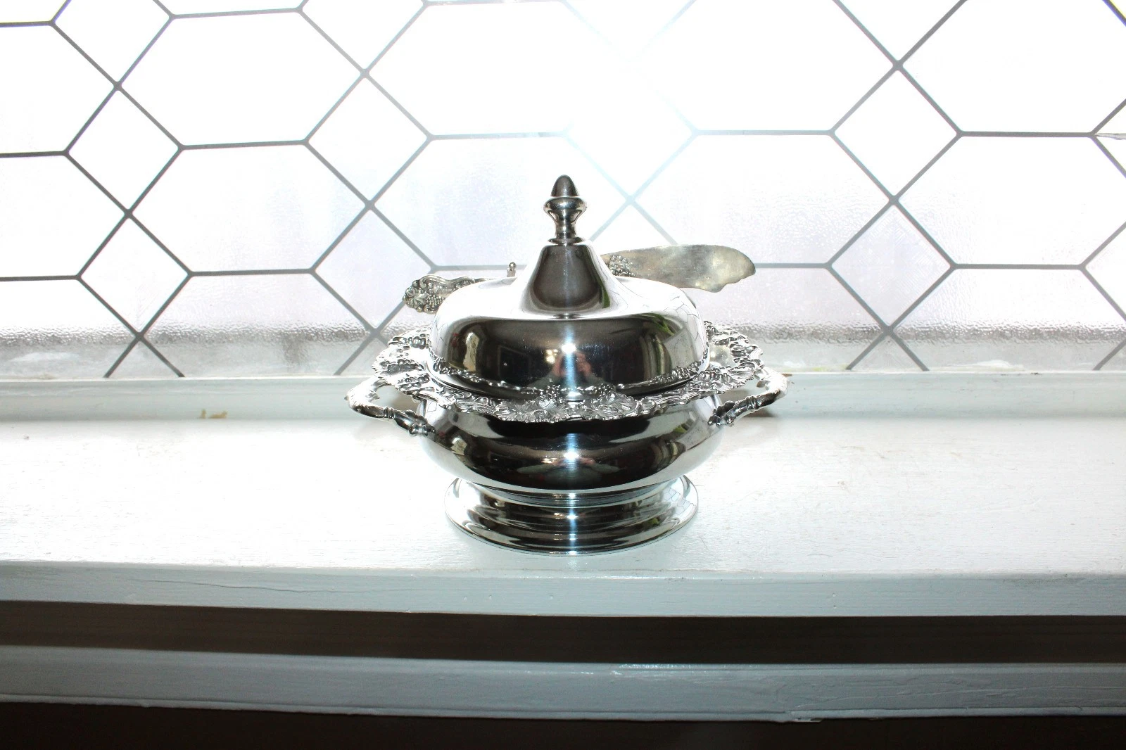 Antique Silverplate Round Butter Cheese Dish with Knife EG Webster Grape Pattern