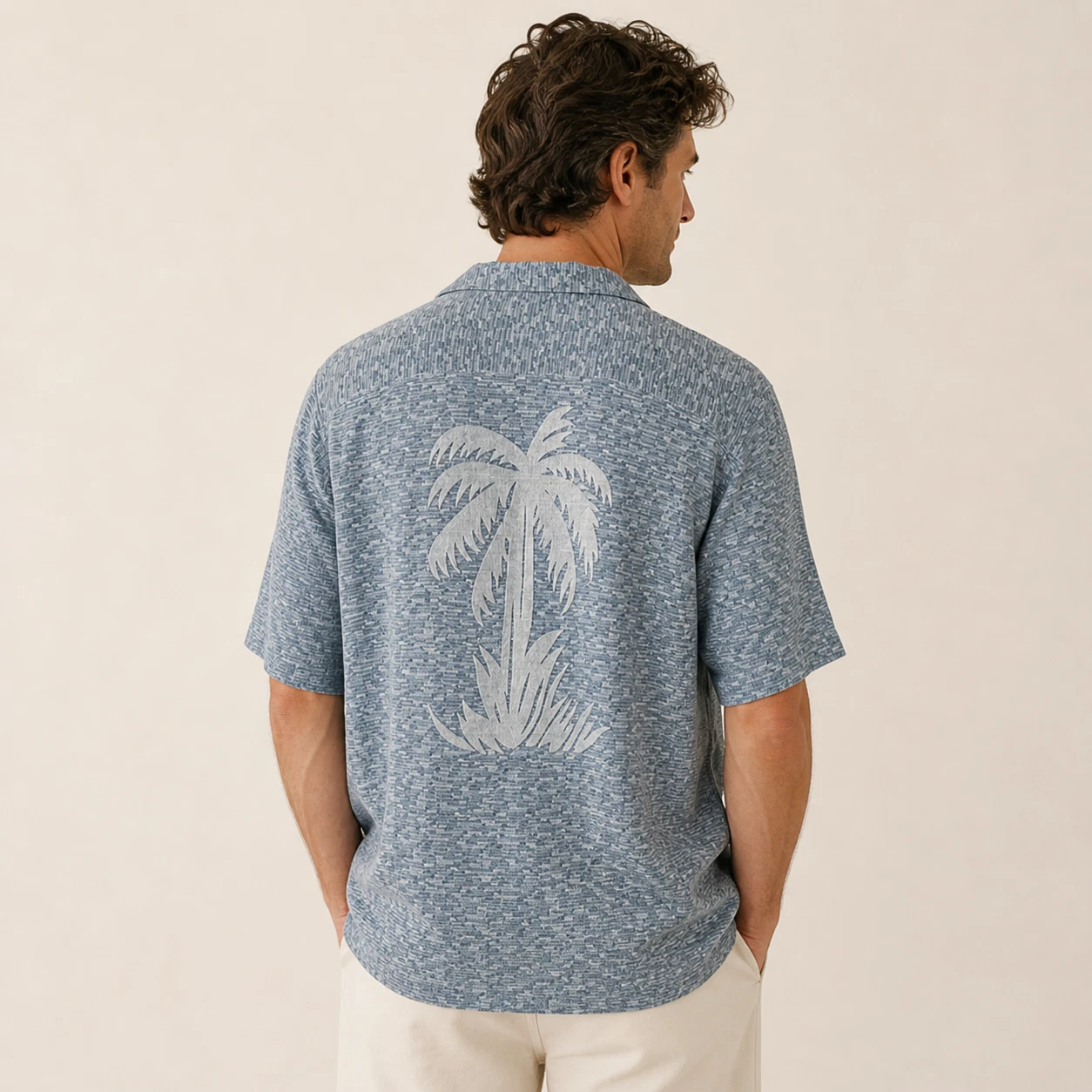 Tommy Bahama 100% Silk Camp Shirt Mens L Blue Palm Tree Short Sleeve Button Up