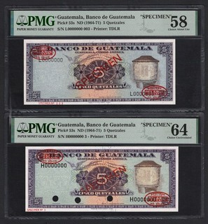Guatemala 5 Quetzales ND(1964 71) P53s "Spc N.3 Diff Wmks" About UNC/UNC Gr 64