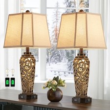 27" Set of 2 Farmhouse Table Lamps for Living Room with USB A C Ports, Bronze
