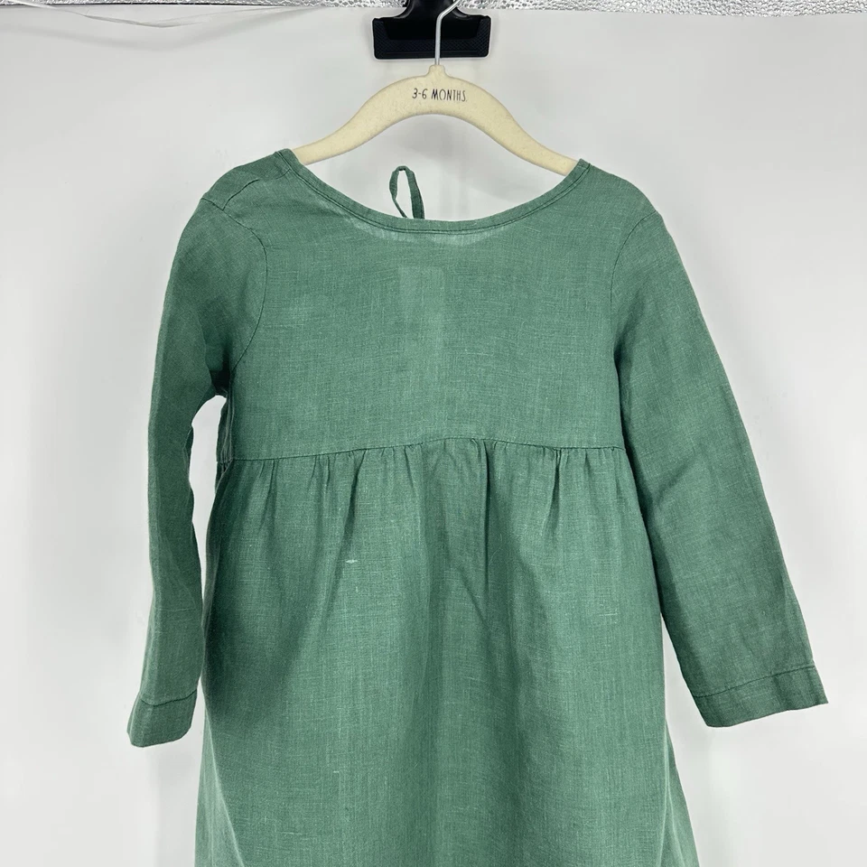 Hand made 100% Linen Girls 4T Midi Dress 3/4 Sleeve Green Cottage Core Boho - Image 3 of 4