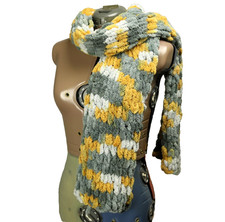 Hand Knit Chunky Chenille Rectangle Scarf Winter Light, Dark Gray Yellow 70x8.25