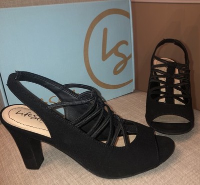 Life Stride Women's Cabaret Black Stretch Dress 3'' Open Toe Sandal 7M w/Box