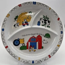 Vintage Melamine Ware Divided Children's 10" Plate Farm Theme Numbers