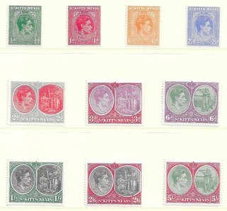 ST KITTS NEVIS 1938 FULL SET OF POSTAGE STAMPS KGVI SG 68 77 MH. COAT OF ARMS.