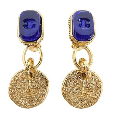 CHANEL 93A Vintage Earrings Coco Mark Coin Motif Gold Color Blue Accessories