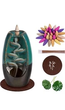 Waterfall Incense Holder Backflow Inscent Cone Burner Handcraft Ceramic Blue