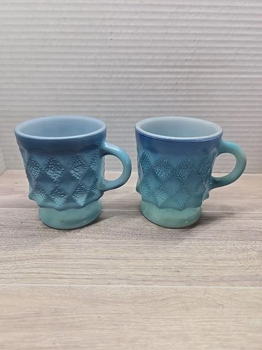 2 Pc Vintage Anchor Hocking Fire King “Blue Kimberly Diamond” Ombre Coffee Mugs