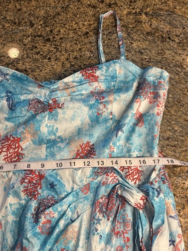 WHBM Ocean Coral Print Faux Wrap Sateen Midi Dress Blue Size 16 Sweetheart Neck - Picture 7 of 13