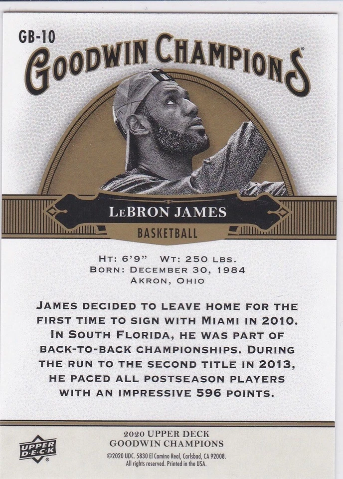 LEBRON JAMES $$ RARE 2020 Upper Deck Goodwin Champions Retail Exclusives #GB-10 - Image 2 of 2