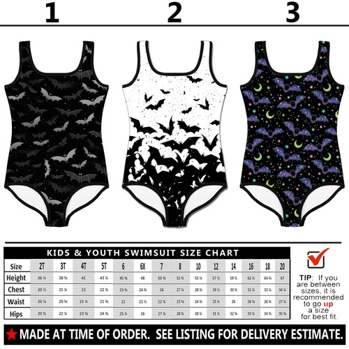Kids Gothic Bats Swimsuit #4 - Baby Girl Teens Bathing Suit Goth Halloween Dark - Picture 11 of 29