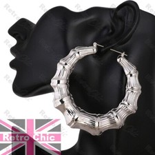 LARGE fat BAMBOO HOOP EARRINGS 8cm BIG SILVER TONE textured metal HOOPS oversize