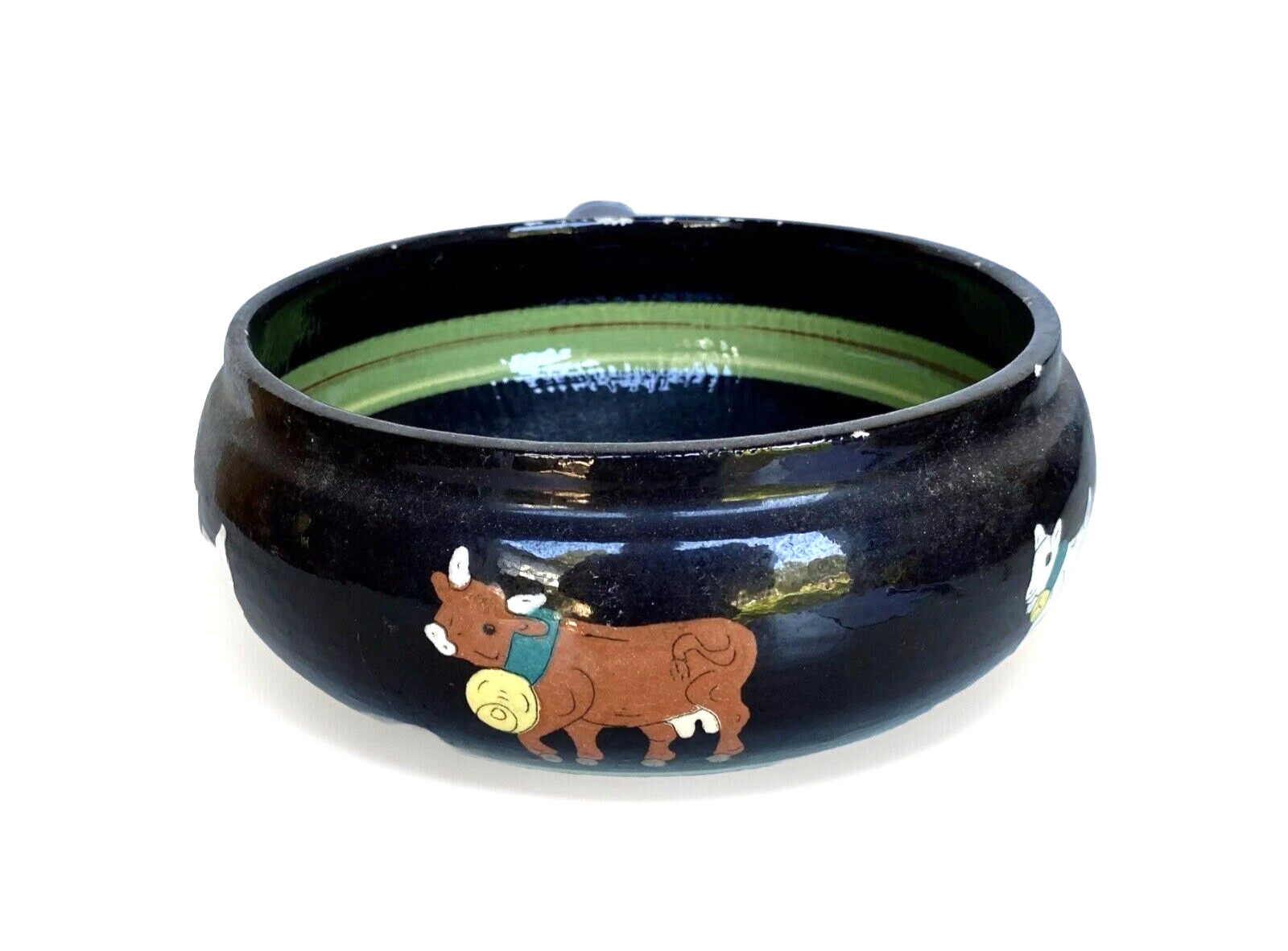 Vintage Swiss Handled Pottery Bowl Burkart Handarbeit Kunst Keramik, Cow Art