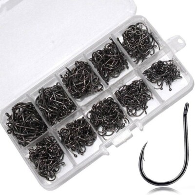 500pcs Fish Hooks 10 Sizes Fishing Black Silver Sharpened With Box Quality kit