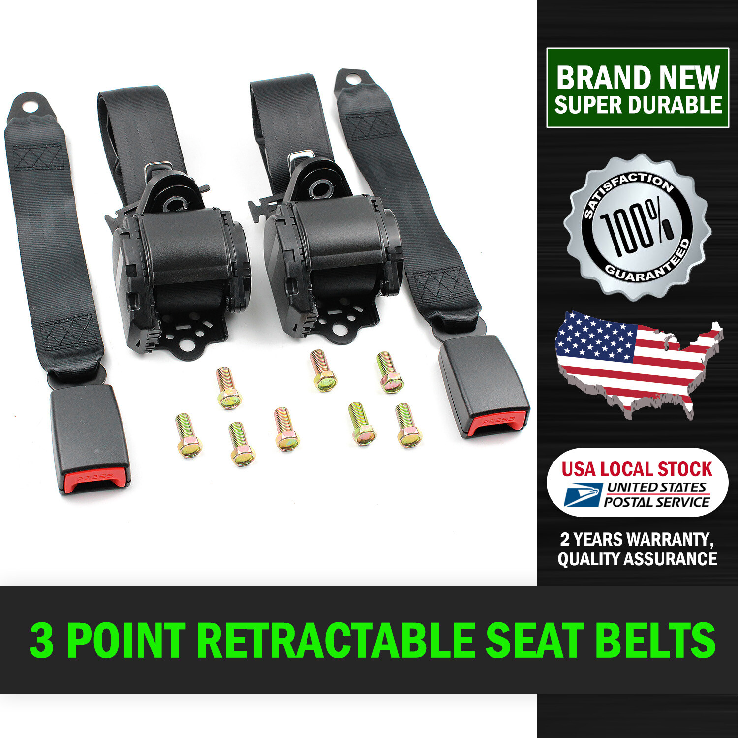 Adjustable Universal 3 Point Retractable Auto Car Seat Belt Lap Shoulder Black