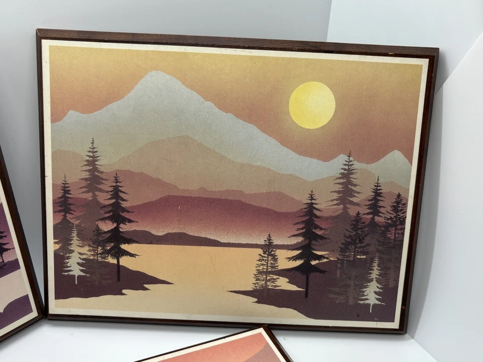 Vintage Minimalist Triptych Coastal Ocean mountains trees - Image 4 of 4