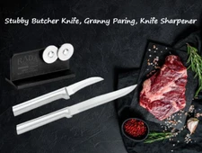 Rada 3 Pc Set Stubby Butcher Knife, Granny, & Knife Sharpener (Silver Handle)
