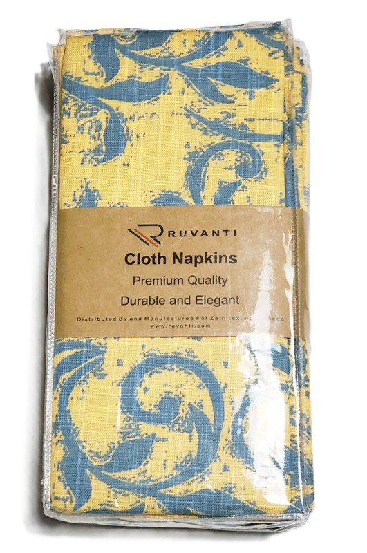 18"x18"Dinner Cloth Napkin Set 100% Cotton 12 pk Vine Spirals Blue Yellow