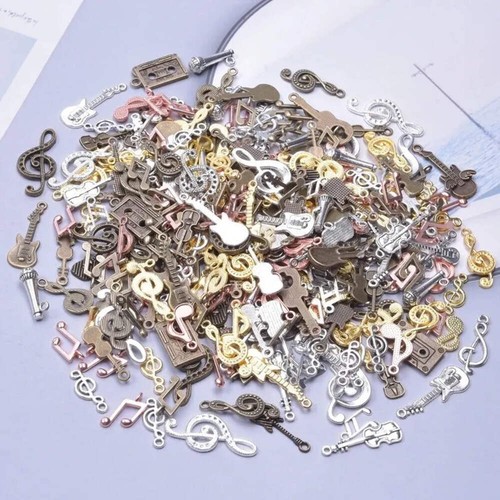 50pcs vintage music charms with guitar, violin, and microphone for DIY jewelry. - Picture 4 of 7