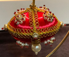 Vintage Push Pin Beaded Christmas Ornament Red Satin w/ white Pearls  Red Beads