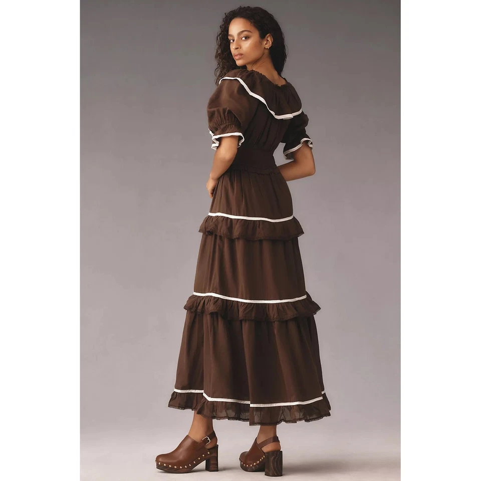 Maxi Vestido Anthropologie Marrón Nuevo con Etiquetas | Manga Abullonada Otoño Tendencia Talla Pequeña Foto 2 de 4