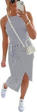 Women Casual Sleeveless Striped Tank Midi Dresses Halter Neck Ruched Bodycon ...