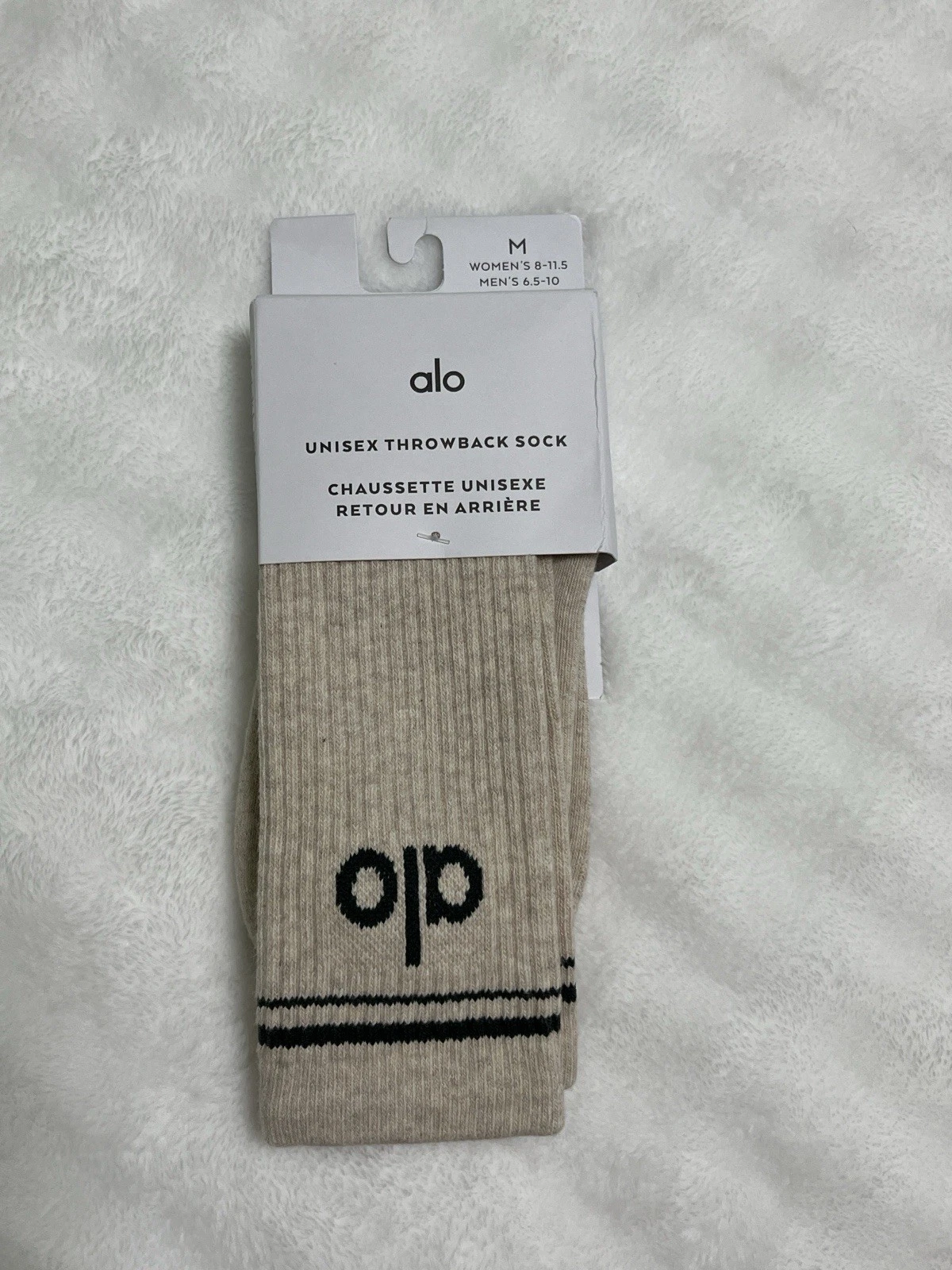 ALO Unisex Throwback Socks In Oatmeal Heather & Charcoal Green,Size M(MSRP $34)