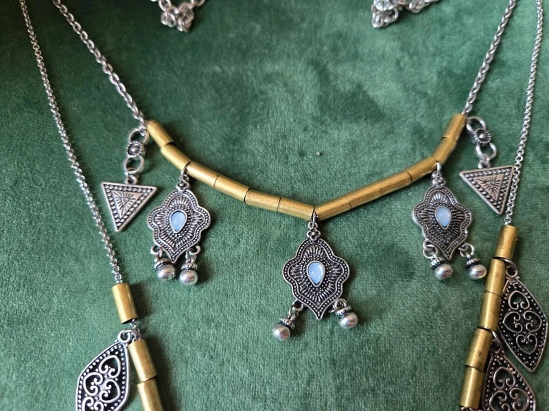 Doppel Kette Silber Gold Charms Orientalisch Türkis Perlen Anhänger festlich - Bild 3 von 4