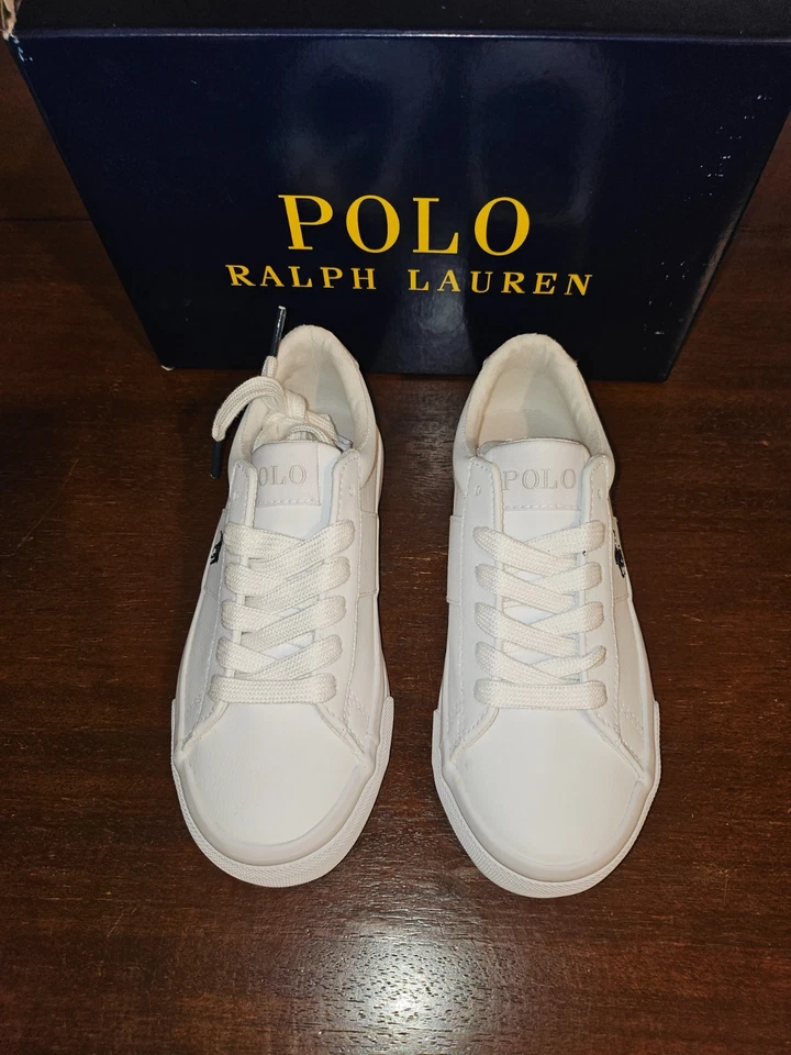 Polo Ralph Lauren Sayer Tenis Poni Cuero Blanco Azul Marino Nuevas Con Caja Niño 13 Foto 2 de 4