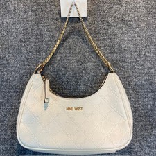 Nine West Cream Faux Embossed Leather Small Shoulder Bag Purse Gold Chain Handle
