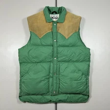 Vintage 70s Woolrich Men's Duck Down Puffer Vest Green Leather Suede SIZE MEDIUM