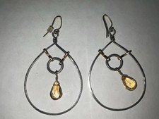Sundance Genuine Citrine Teardrop Dangle Earrings Hammered Mixed Metal Artisan