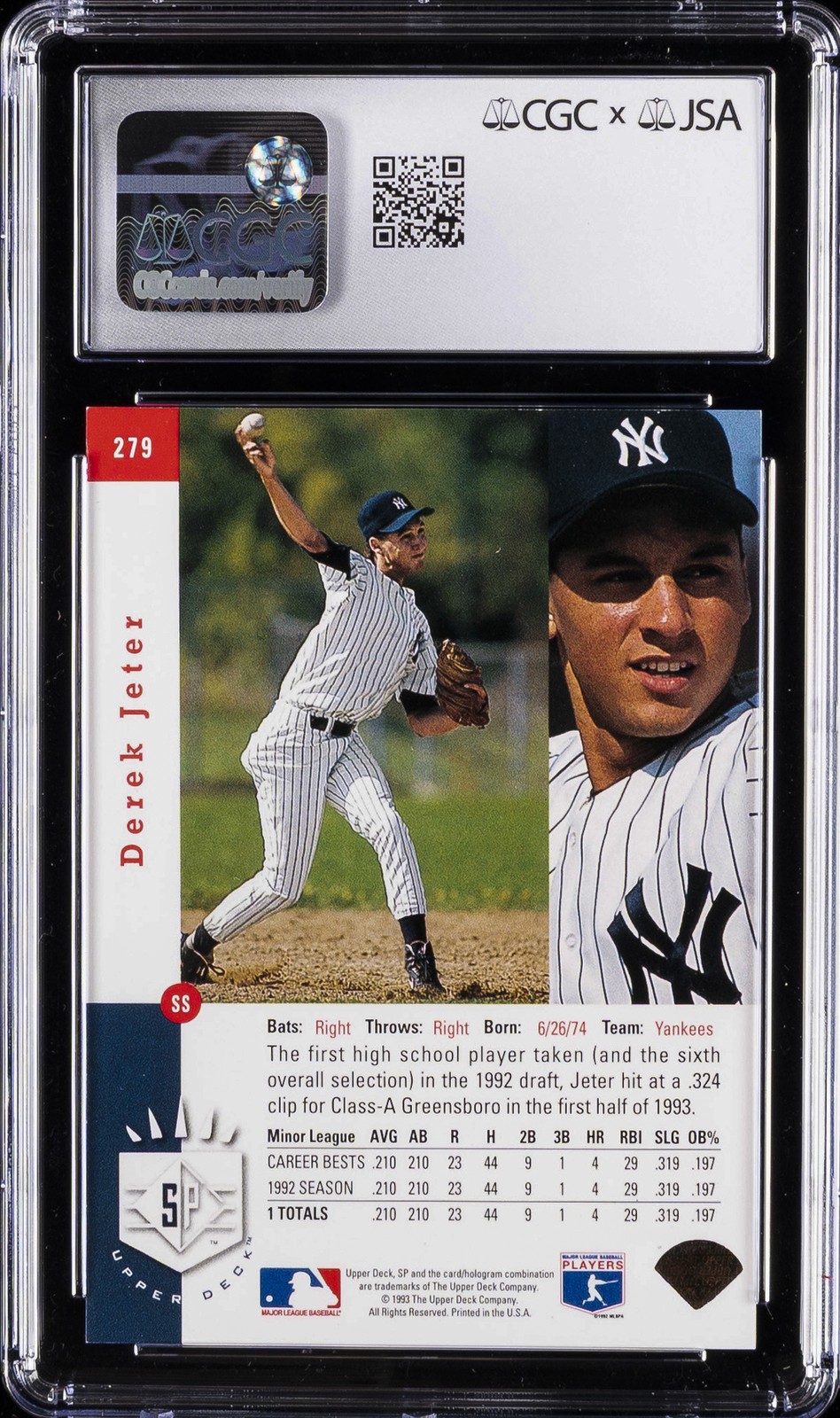 1993 SP #279 DEREK JETER ROOKIE RC CGC 8.5 view 2