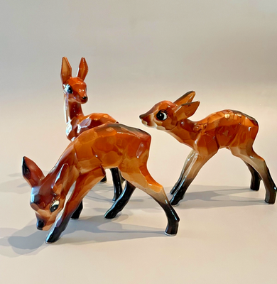 3 Vintage Enesco Japan Ceramic Deer Spotted Fawn Figurine Cubist