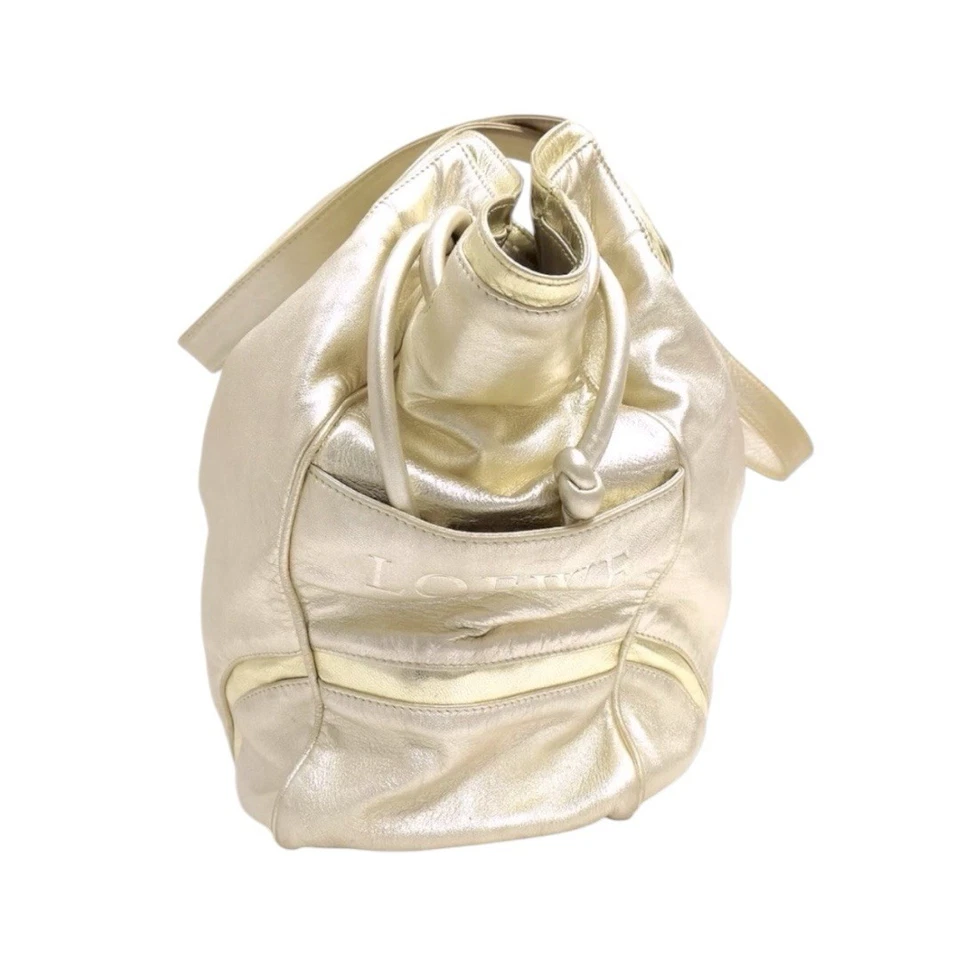 LOEWE Metallic Champagne Gold Leather Large Cinch Flamenco Shoulder Bag Auth - Image 3 of 4