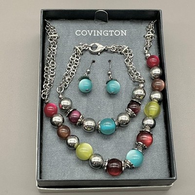 Covington Necklace Bracelet Earrings Set Silver Tone Multicolor Glass Jewelry