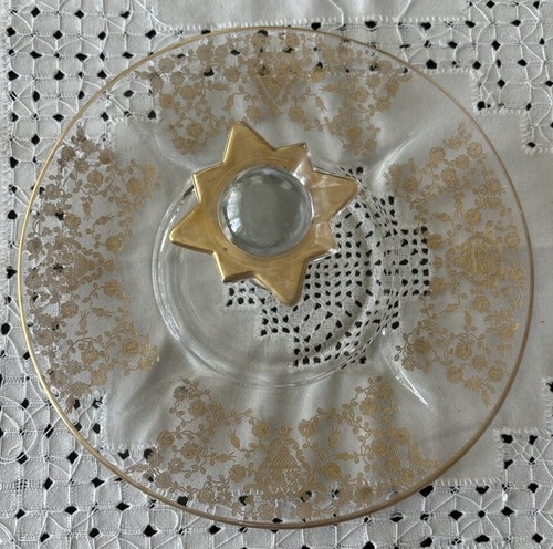 Paden City Glass Etched Floral Tidbit Plate Center Optic Star Knob Handle 11x5" - Picture 4 of 8